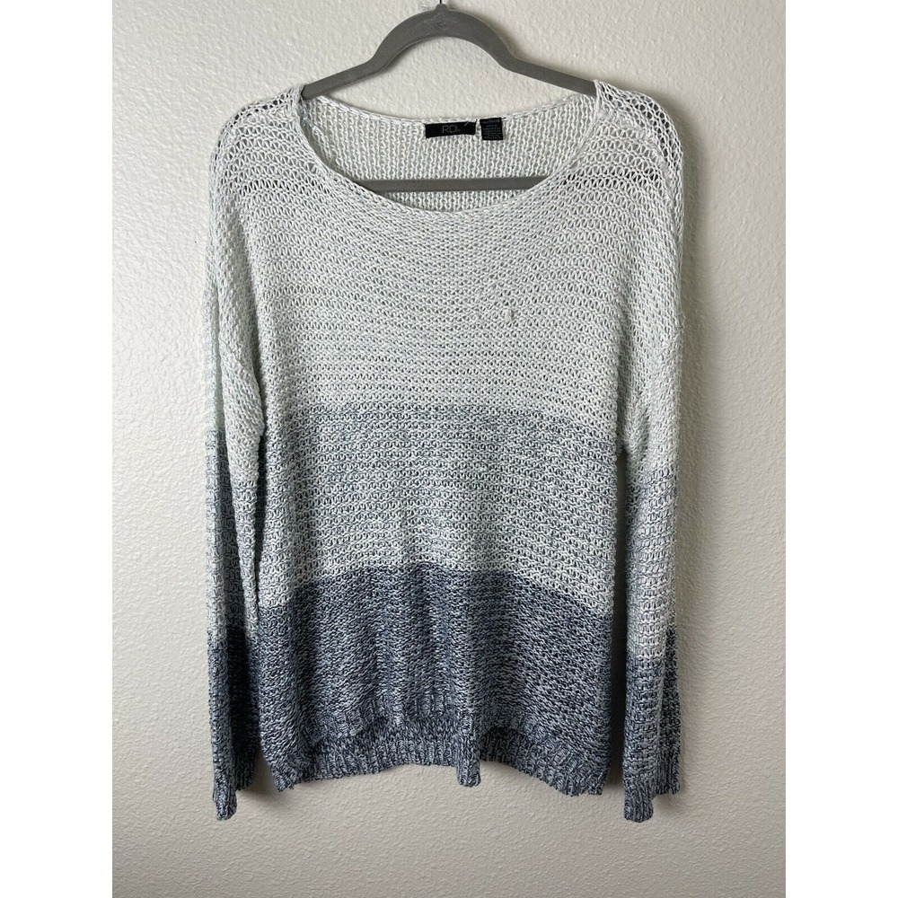 RDI Womens Ivory Blue Melange Open Knit Pullover Sweater Long Sleeves Acrylic XL